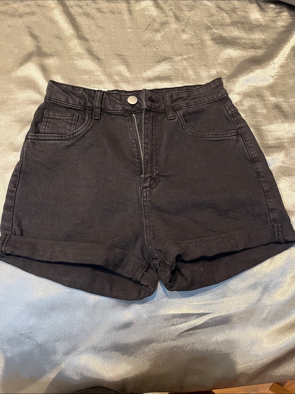 Cotton On High-Waist Black Denim Roll-Hem Shorts